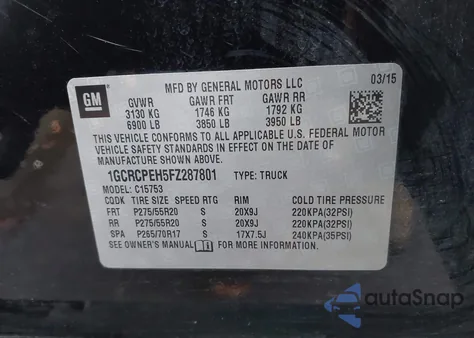 2015 Chevrolet Silverado 1500 Wt from USA, damaged, VIN 1GCRCPEH5FZ287801